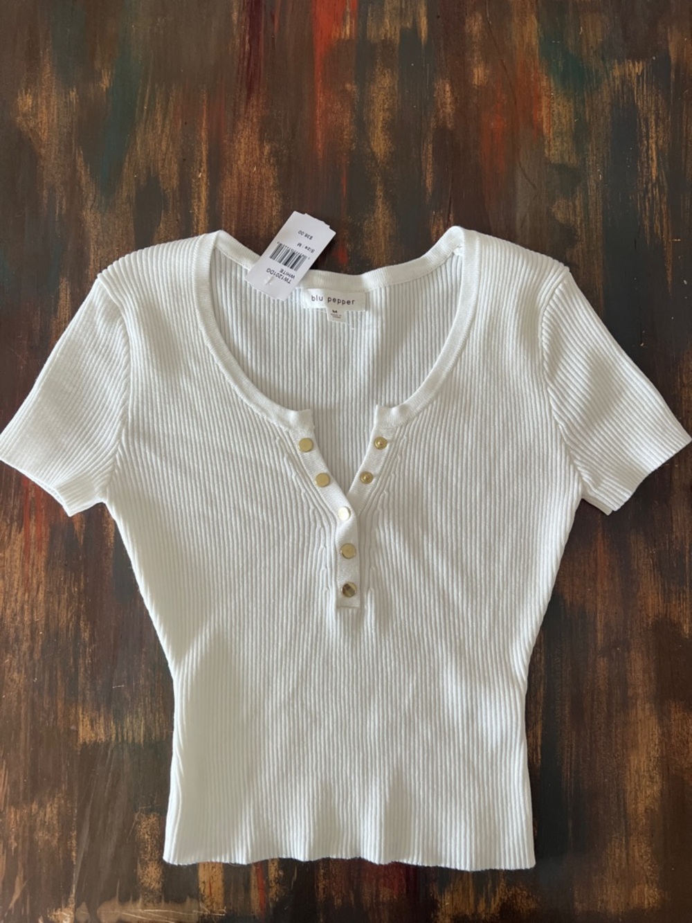Blu Pepper White Ribbed Short Sleeve Henley with Gold Buttons
